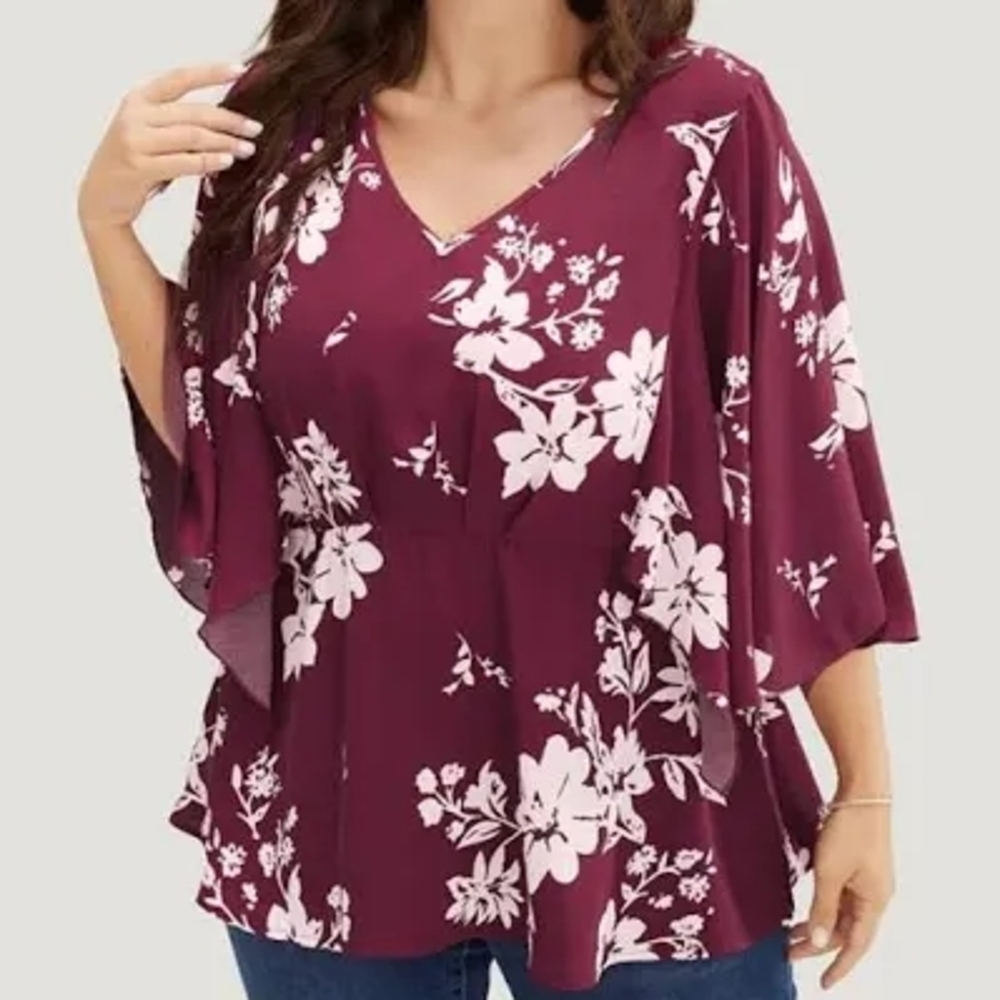 NEW Bloomchic Burgundy/red Floral V-Neck Blouse With Wide Flowing Sleeves 2x